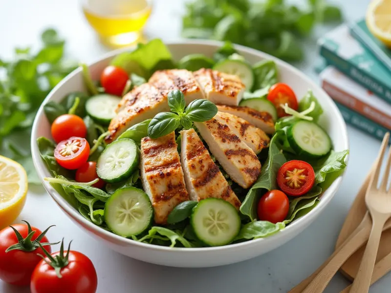 A colorful bowl of grilled chicken salad with leafy greens, cherry tomatoes, cucumbers, and grilled chicken slices, surrounded by health-themed elements like fresh herbs, olive oil, a lemon, and nutrition books titled 'Healthy Living' and 'Nutrition Benefits,' placed on a clean, bright surface.