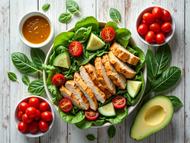 A top-down view of the key ingredients for a grilled chicken salad, including grilled chicken slices, leafy greens, cherry tomatoes, cucumber slices, diced avocado, and a small dish of dressing, all arranged neatly on a wooden or marble surface.