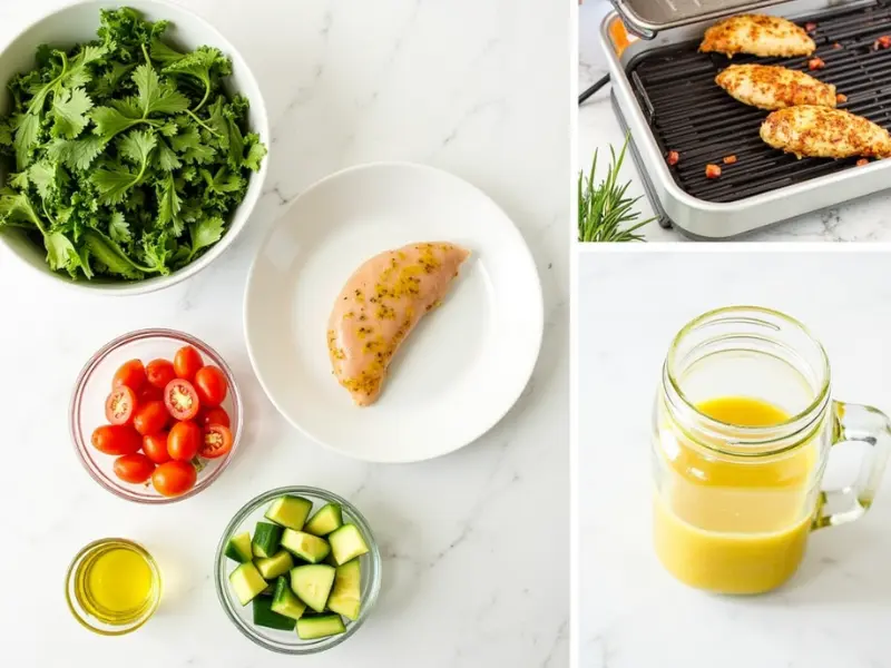 A step-by-step visual of a grilled lemon herb chicken salad recipe, showing marinated chicken breast, a bowl of fresh leafy greens, sliced cucumbers, halved cherry tomatoes, diced avocado, and a jar of homemade dressing, with a grilling scene and fresh herbs in the background.