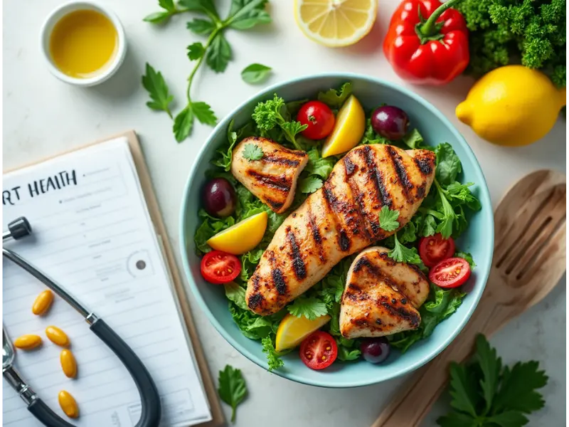 A vibrant grilled chicken salad with leafy greens, grilled chicken slices, cherry tomatoes, and cucumbers, surrounded by health-related elements such as olive oil, a sliced lemon, fresh herbs, a stethoscope, a notebook labeled 'Heart Health,' and a bottle of vitamins.