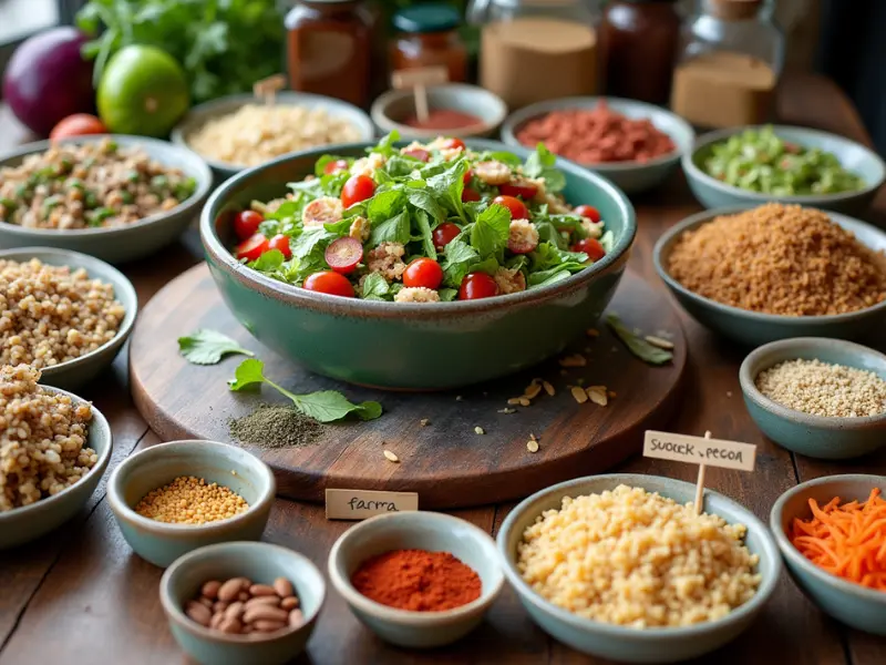 A spread of salad customization options including bowls of quinoa, farro, and orzo, alongside jars of spices like smoked paprika and cumin, with a large salad bowl in the center containing mixed greens. Additional toppings like nuts, seeds, and vegetables are displayed on a rustic table, labeled with small cards for creative inspiration.